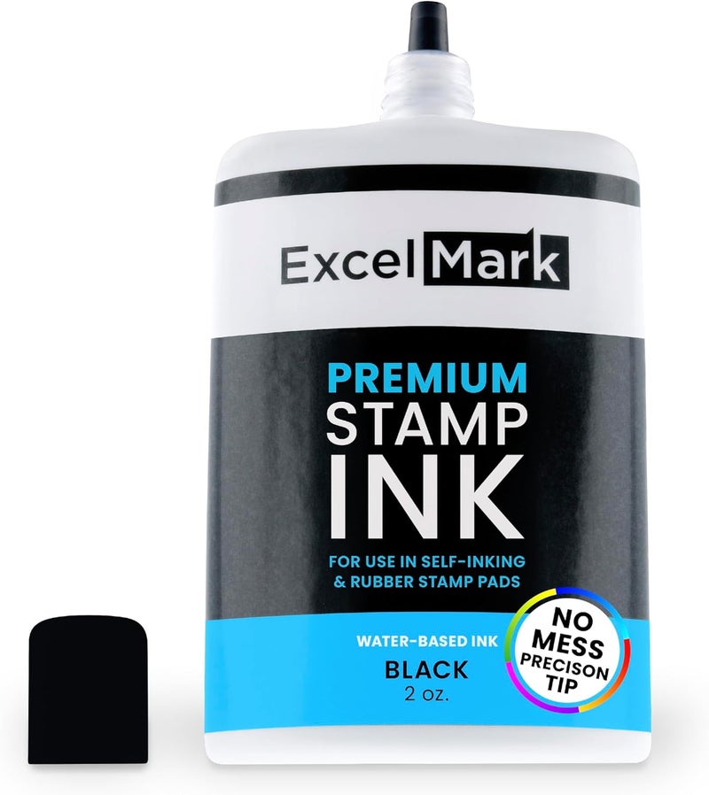 ExcelMark Stamp Ink – Ink Refill for Stamp Pads & Self-Inking Stamps - No Mess Precision Tip - Easy Re-Inking - Perfect for Crisp, Clear Impressions - 2 oz. - Black Ink - Image 1
