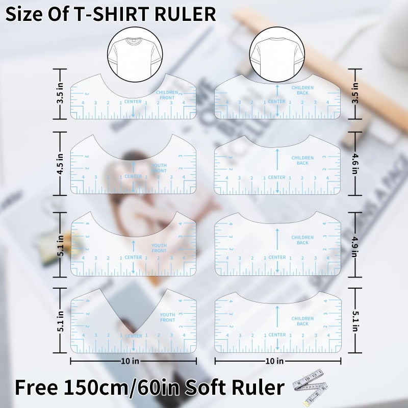 tietoc 9pcs Tshirt Ruler Guide for Vinyl Alignment, T Shirt Rulers to Center Designs, PVC Measurement Template, Sewing Supplies Accessories Tools for Cricut Heat Press & HTVRONT HTV Transfer Vinyl (Blue) - Image 3