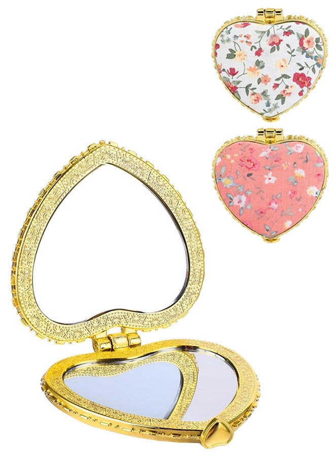 2 Pcs Cute Heart Shaped Double-Sided Compact Mirrors, Vintage Folding Portable Pocket Makeup Mirror, Mini Handheld Cosmetic Mirror for Women & Girls, Home, Office & Travel Use - Image 1