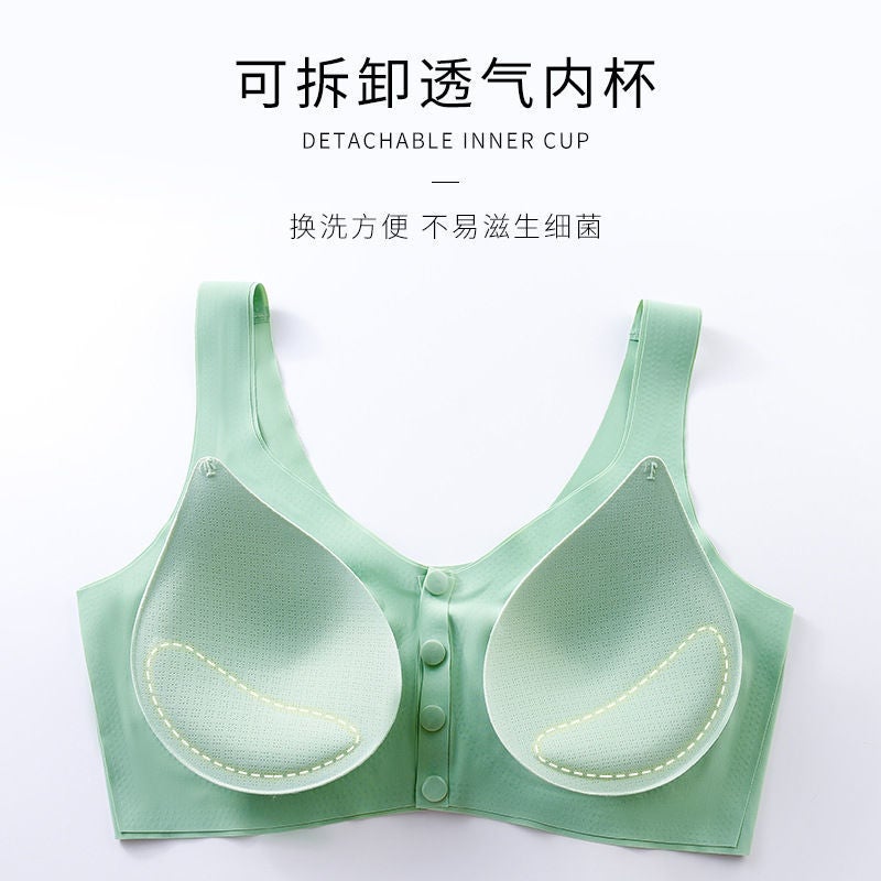 Breastfeeding bra pregnant women underwear pregnancy postpartum breastfeeding middle-aged and elderly front buckle latex gather no steel ring bra FrontBuckle:Green L - Image 5