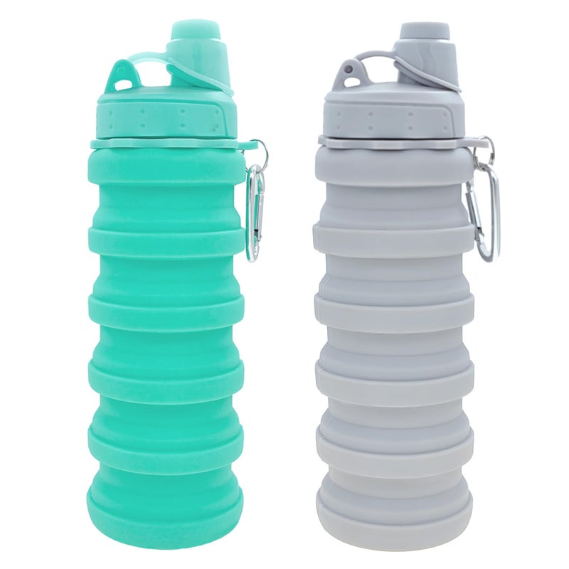 YCTMALL Collapsible Water Bottles Two Pack Travel Sports Portable Sport Water Bottle comes with mountaineering Buckle 505ml silicone Water-proof camping water bottle (Green and Light grey Color) - Image 1