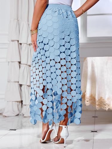 Cicy Bell Womens Hollow Out Maxi Skirts Summer High Waisted Boho Fringe Hem Long Skirt Light Blue - Image 3