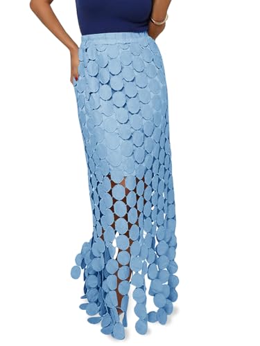 Cicy Bell Womens Hollow Out Maxi Skirts Summer High Waisted Boho Fringe Hem Long Skirt Light Blue - Image 1