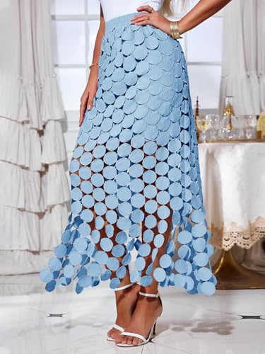 Cicy Bell Womens Hollow Out Maxi Skirts Summer High Waisted Boho Fringe Hem Long Skirt Light Blue - Image 2