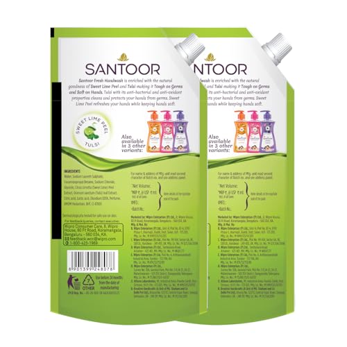 Santoor Fresh Gentle Hand Wash 650ml, Pack of 2 with Natural Goodness of Sweet Lime Peel & Tulsi| Rich Lathering Formula With Anti-Bacterial Properties| Soft on Hands| Soothes & Hydrates Skin - Image 4
