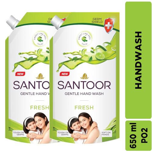 Santoor Fresh Gentle Hand Wash 650ml, Pack of 2 with Natural Goodness of Sweet Lime Peel & Tulsi| Rich Lathering Formula With Anti-Bacterial Properties| Soft on Hands| Soothes & Hydrates Skin - Image 2