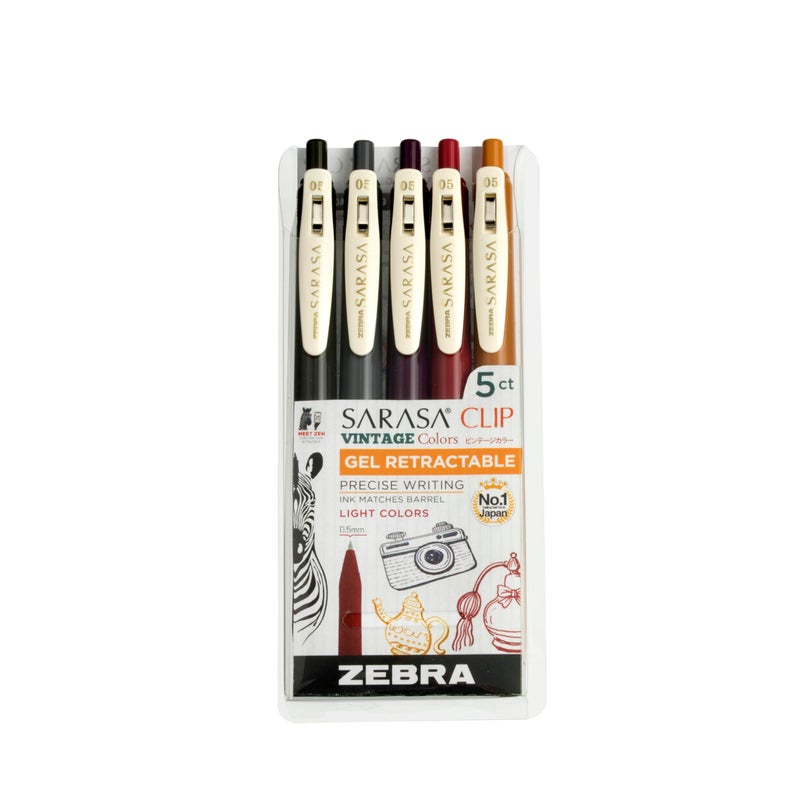 Zebra Pen Sarasa Clip Retractable Gel Pen, 0.5mm Fine Point, Dark Assorted Vintage Ink Colors, Water Based, Ideal for Office and School, Journal, Note Taking and Planner Use, 5-Pack (47455) - Image 1