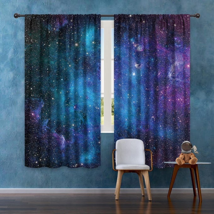 KIDS BOYS GALAXY CELESTIAL CURTAINS OUTER SPACE ROD POCKET 2 PANELS 52 X 63 INCH BLUE PLANET NEBULA UNIVERSE BLACK STARRY SKY LIVING ROOM BEDROOM WINDOW DRAPE TREATMENT FABRIC WWCLLE