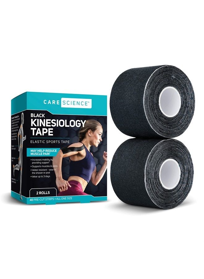 Care Science Waterproof Kinesiology Tape, 40 ct Precut Strips (2 Rolls), Black | Elastic Sports & Weightlifting Tape Supports Muscles & Joints. Water Resistant - Image 1