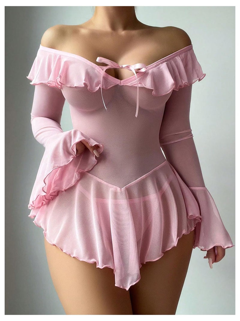 OYOANGLE Women's 2 Piece Off Shoulder Long Sleeve Ruffle Mesh Sheer Nightgowns with Thongs Babydoll Lingerie Set Pink Large - Image 5