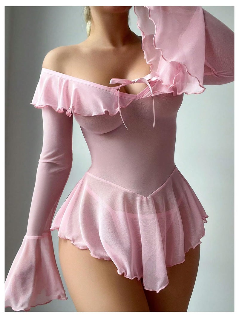 OYOANGLE Women's 2 Piece Off Shoulder Long Sleeve Ruffle Mesh Sheer Nightgowns with Thongs Babydoll Lingerie Set Pink Large - Image 3