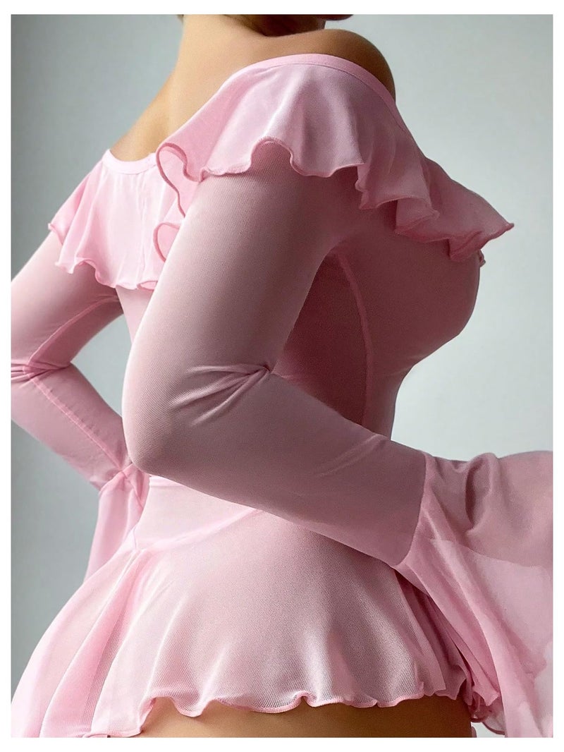 OYOANGLE Women's 2 Piece Off Shoulder Long Sleeve Ruffle Mesh Sheer Nightgowns with Thongs Babydoll Lingerie Set Pink Large - Image 2