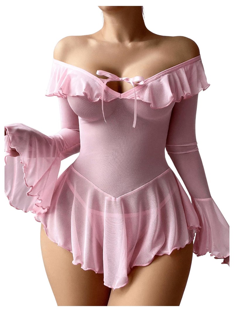 OYOANGLE Women's 2 Piece Off Shoulder Long Sleeve Ruffle Mesh Sheer Nightgowns with Thongs Babydoll Lingerie Set Pink Large - Image 1