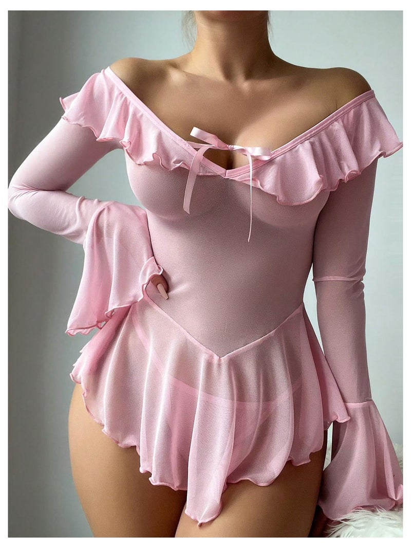 OYOANGLE Women's 2 Piece Off Shoulder Long Sleeve Ruffle Mesh Sheer Nightgowns with Thongs Babydoll Lingerie Set Pink Large - Image 4