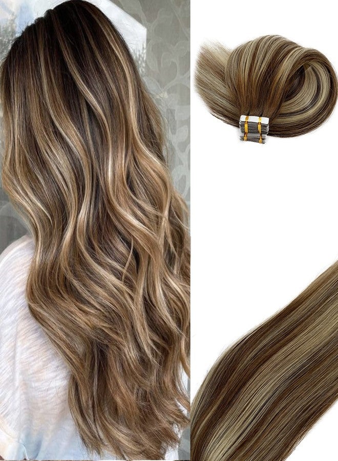 Smavida Highlight Tape in Hair Extensinos Remy Human Hair,Ombre Chestnut Brown to Platinum Blonde Hair Tape in Extensions Invisible Skin Weft 16 Inch Tape in 100% Real Human Hair Extensions 50g/20pcs - Image 1