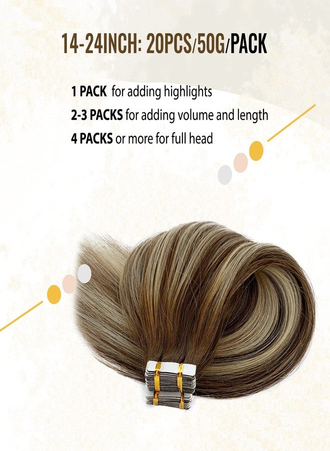 Smavida Highlight Tape in Hair Extensinos Remy Human Hair,Ombre Chestnut Brown to Platinum Blonde Hair Tape in Extensions Invisible Skin Weft 16 Inch Tape in 100% Real Human Hair Extensions 50g/20pcs - Image 4