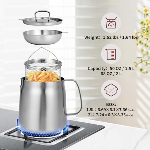 GADO 68oz 304 Stainless Steel Deep Fryer Pot with Basket & Strainer, Large Capacity Bacon Grease Container for Kitchen,Frying, Cooking, Camping,Oil Filter Container - Dishwasher Safe (68oz/2L/2.1Qt) - Image 2