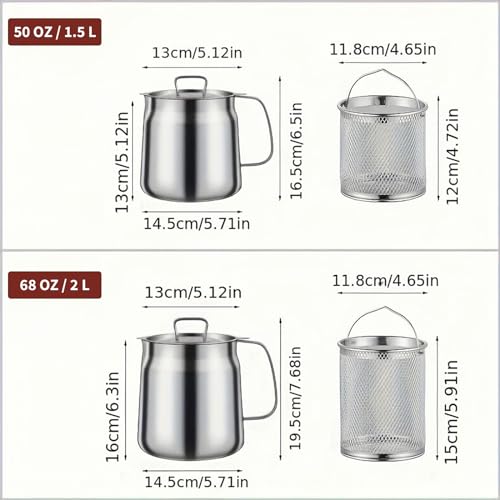 GADO 68oz 304 Stainless Steel Deep Fryer Pot with Basket & Strainer, Large Capacity Bacon Grease Container for Kitchen,Frying, Cooking, Camping,Oil Filter Container - Dishwasher Safe (68oz/2L/2.1Qt) - Image 4