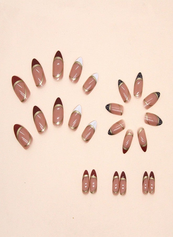 TOGZOM Short Almond Press on Nails Gold Line Fake Nails Glossy Red French Tip Artificial Acrylic Nails Leopard Stick on False Nails Glue on Nails 24 pcs - Image 4