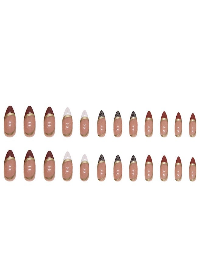 TOGZOM Short Almond Press on Nails Gold Line Fake Nails Glossy Red French Tip Artificial Acrylic Nails Leopard Stick on False Nails Glue on Nails 24 pcs - Image 5