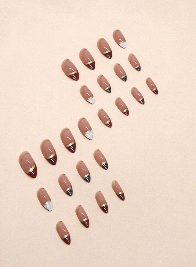 TOGZOM Short Almond Press on Nails Gold Line Fake Nails Glossy Red French Tip Artificial Acrylic Nails Leopard Stick on False Nails Glue on Nails 24 pcs - Image 3