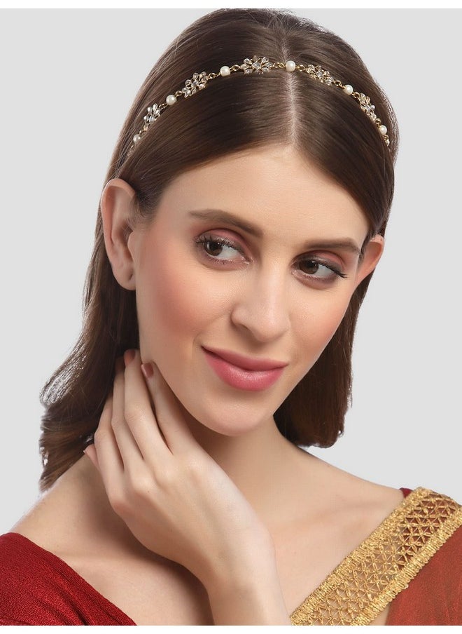 Karatcart - Karatcart Gold Plated Pearl Studded Floral Kundan Hairband for Women - Image 1