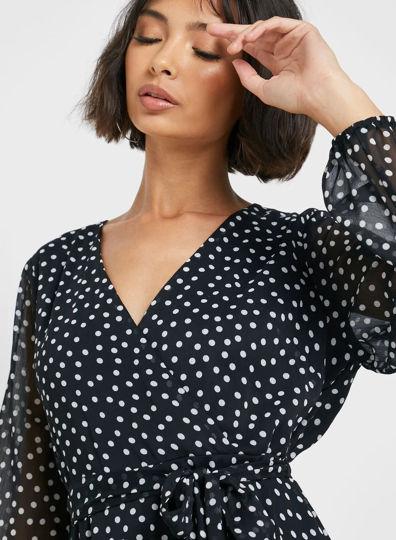 Wallis Petite Tie Waist Polka Dot Dress