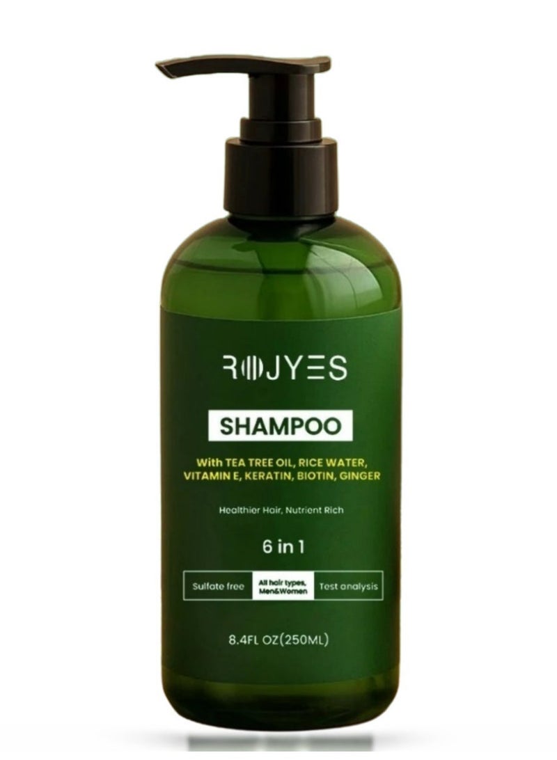 Rojyes 6-in-1 Hair Shampoo with Tea Tree Oil,Rice Water, Vitamin E, Keratin, Biotin, Ginger – Sulfate-Free Original Hair Growth Shampoo & Damage Repair Formula Shampo – 250ml - Image 1