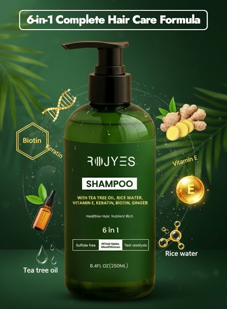 Rojyes 6-in-1 Hair Shampoo with Tea Tree Oil,Rice Water, Vitamin E, Keratin, Biotin, Ginger – Sulfate-Free Original Hair Growth Shampoo & Damage Repair Formula Shampo – 250ml - Image 2