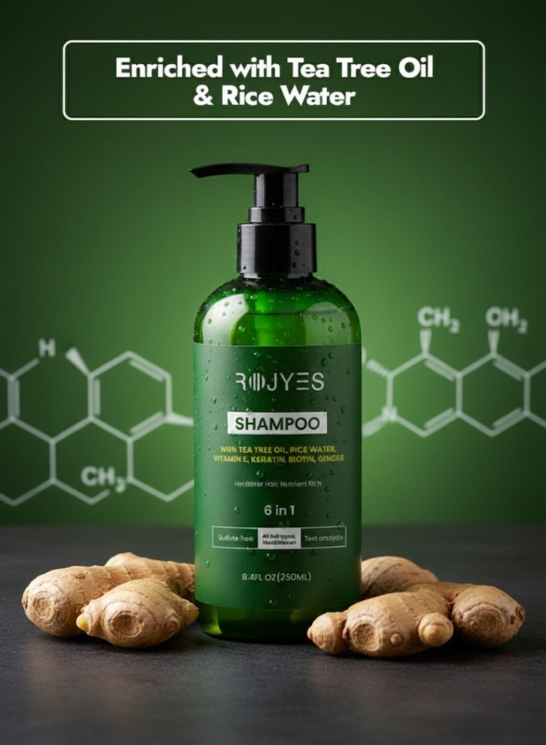 Rojyes 6-in-1 Hair Shampoo with Tea Tree Oil,Rice Water, Vitamin E, Keratin, Biotin, Ginger – Sulfate-Free Original Hair Growth Shampoo & Damage Repair Formula Shampo – 250ml - Image 3