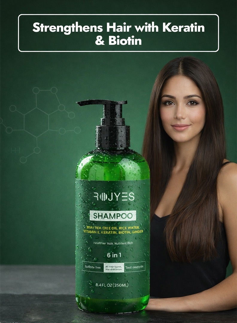 Rojyes 6-in-1 Hair Shampoo with Tea Tree Oil,Rice Water, Vitamin E, Keratin, Biotin, Ginger – Sulfate-Free Original Hair Growth Shampoo & Damage Repair Formula Shampo – 250ml - Image 4