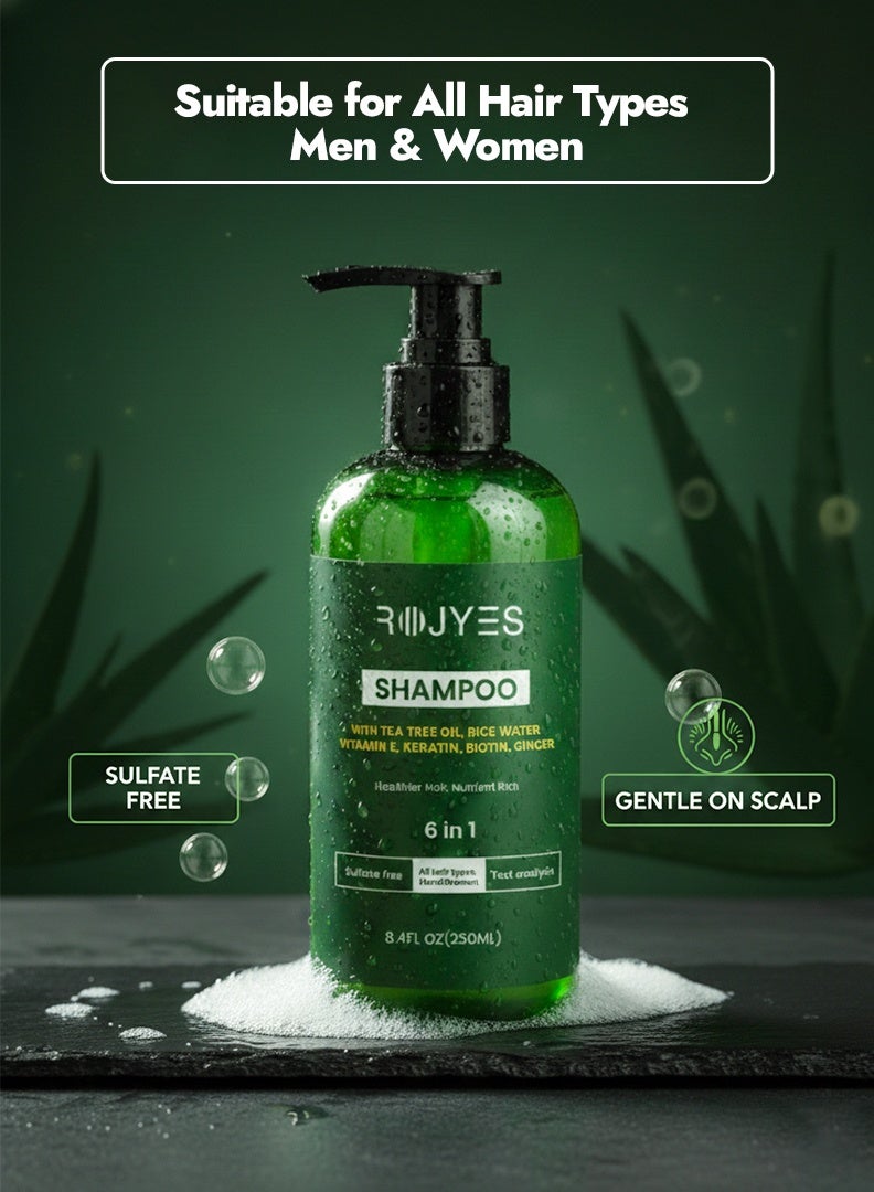Rojyes 6-in-1 Hair Shampoo with Tea Tree Oil,Rice Water, Vitamin E, Keratin, Biotin, Ginger – Sulfate-Free Original Hair Growth Shampoo & Damage Repair Formula Shampo – 250ml - Image 5
