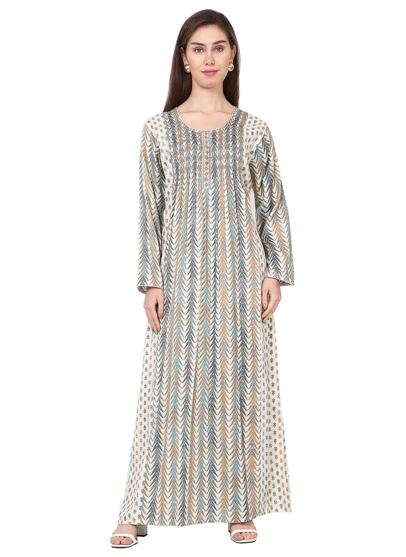 هانا آند سارا CASUAL ELEGANT PRINTED DESIGN WITH FRONT EMBROIDERY SMOCKING ARABIC KAFTAN JALABIYA DRESS