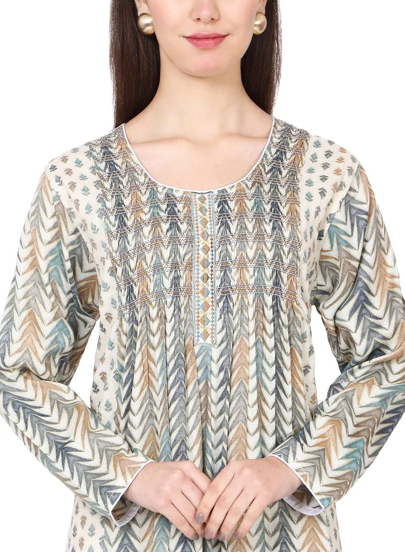 HANA & SARA CASUAL ELEGANT PRINTED DESIGN WITH FRONT EMBROIDERY SMOCKING ARABIC KAFTAN JALABIYA DRESS
