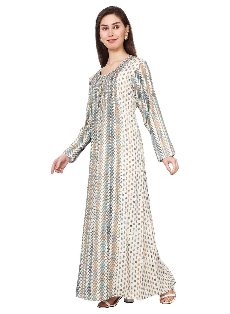 HANA & SARA CASUAL ELEGANT PRINTED DESIGN WITH FRONT EMBROIDERY SMOCKING ARABIC KAFTAN JALABIYA DRESS