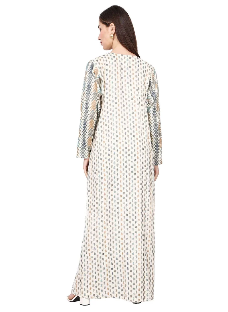 هانا آند سارا CASUAL ELEGANT PRINTED DESIGN WITH FRONT EMBROIDERY SMOCKING ARABIC KAFTAN JALABIYA DRESS