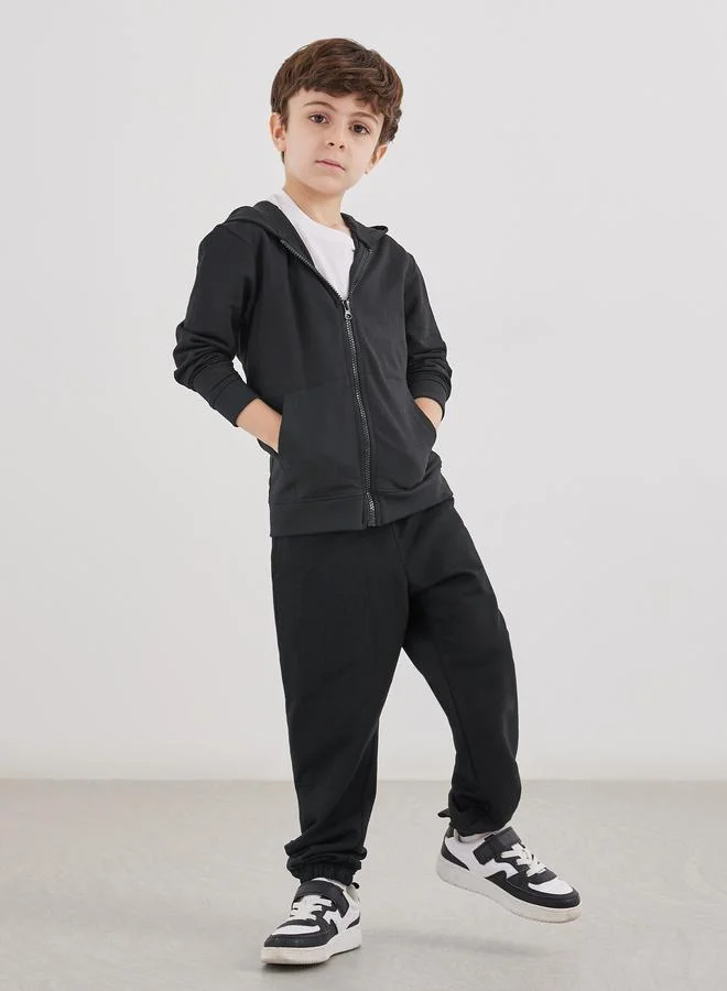 Styli Styli School Uniform Black Cotton Full Zip Hoodie with Pocket