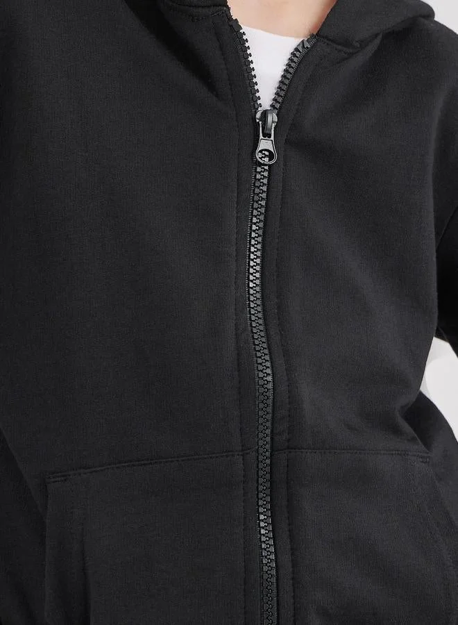 Styli School Uniform Black Cotton Full Zip Hoodie with Pocket