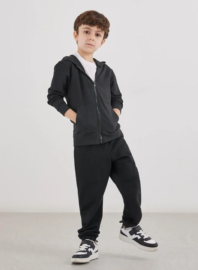 Styli School Uniform Black Cotton Full Zip Hoodie with Pocket
