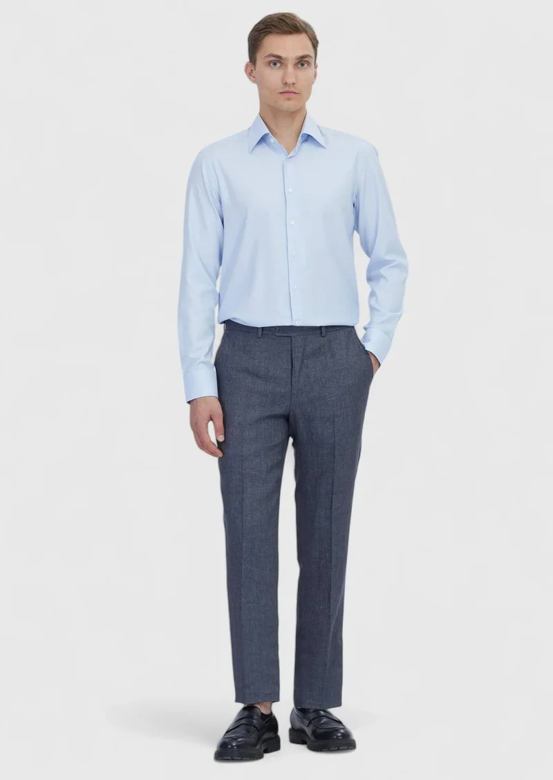 RAMSEY Light Blue Plain Regular Fit Long Weaving Classical 100% Cotton Shirt