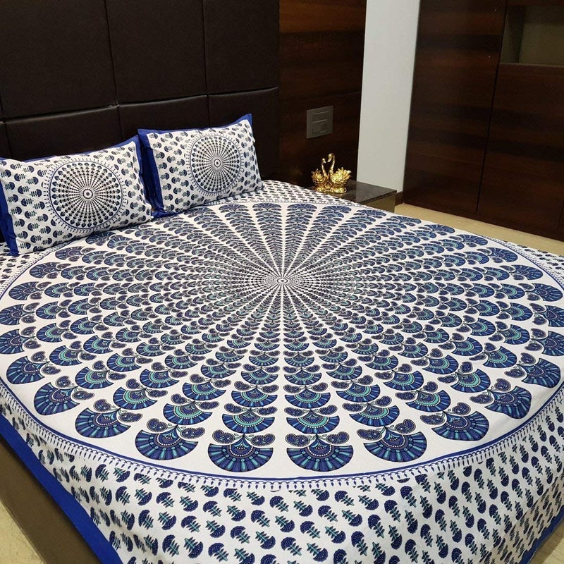 Ealth Kart 100 Cotton Rajasthani Jaipuri Traditional Print King Size Double Bed BedSheet with 2 Pillow Covers Double More PankhBlue