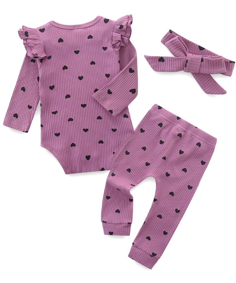 Fullfamous Infant Baby Girl Clothes Clothing Set Fall Winter Long Sleeve Onesie and Pant Set Outfits 12-18 months Purple Heart - Image 2