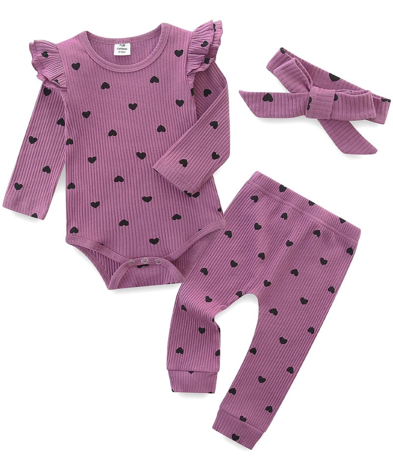 Fullfamous Infant Baby Girl Clothes Clothing Set Fall Winter Long Sleeve Onesie and Pant Set Outfits 12-18 months Purple Heart - Image 1