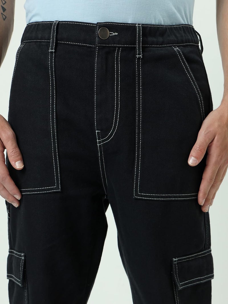 Bewakoof Men's Baggy Regular Fit Cargo Jeans_624262_Black_30 - Image 2