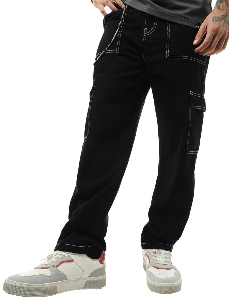Bewakoof Men's Baggy Regular Fit Cargo Jeans_624262_Black_30 - Image 1