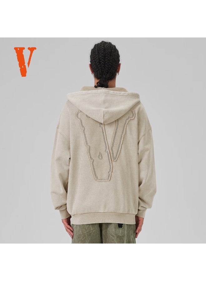 Vlone Large Logo Applique Letter Embroidered Hoodie Zip-up Sweatshirt Couple Vlzh25001 Beige XL - Image 2