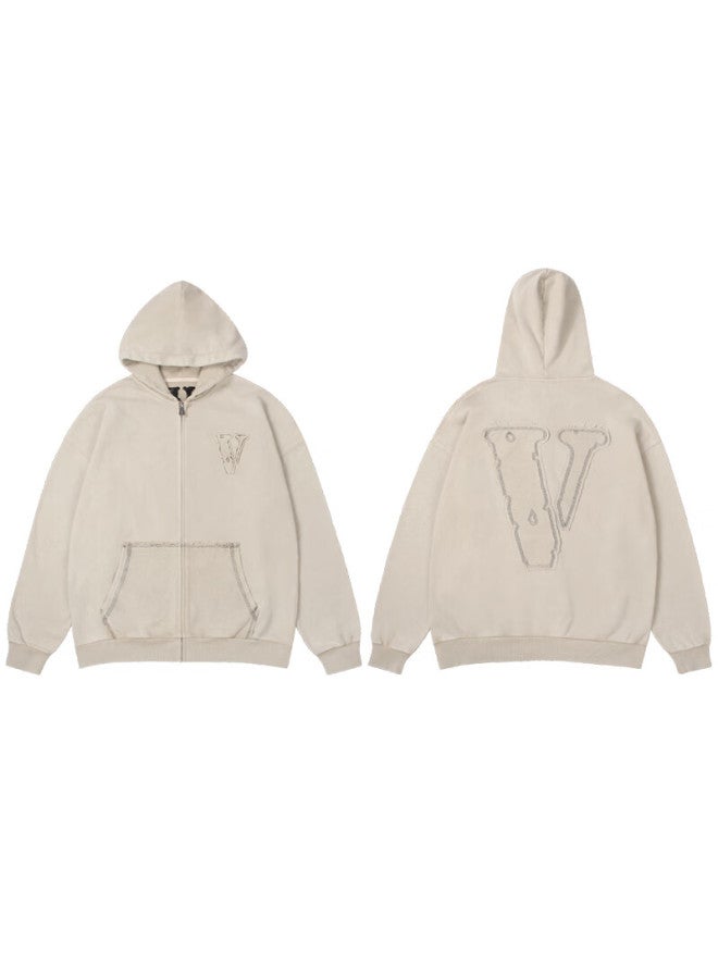Vlone Large Logo Applique Letter Embroidered Hoodie Zip-up Sweatshirt Couple Vlzh25001 Beige XL - Image 4