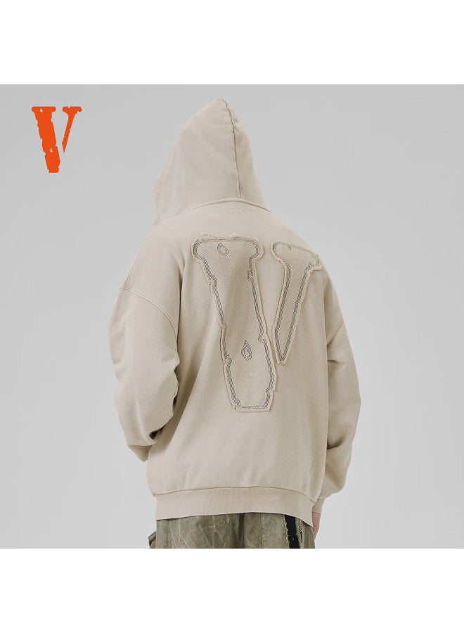 Vlone Large Logo Applique Letter Embroidered Hoodie Zip-up Sweatshirt Couple Vlzh25001 Beige XL - Image 3