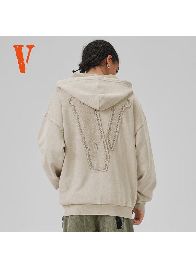Vlone Large Logo Applique Letter Embroidered Hoodie Zip-up Sweatshirt Couple Vlzh25001 Beige XL - Image 1