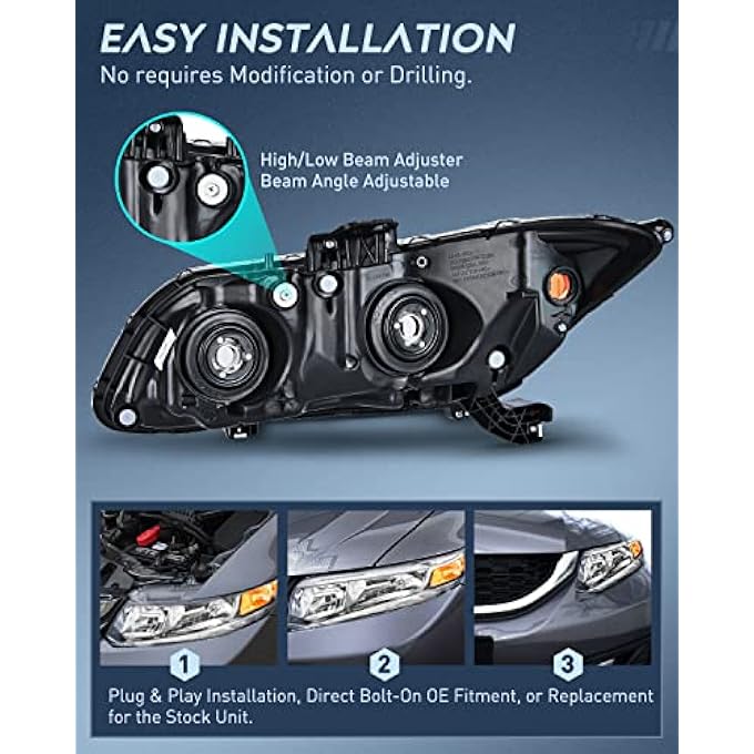 Nilight Headlights Assembly For 2012 2013 2014 2015 Honda Civic Sedan 4Door 12 13 Civic Coupe 2Door Black Housing Headlamp 2 Years Warranty - Image 4